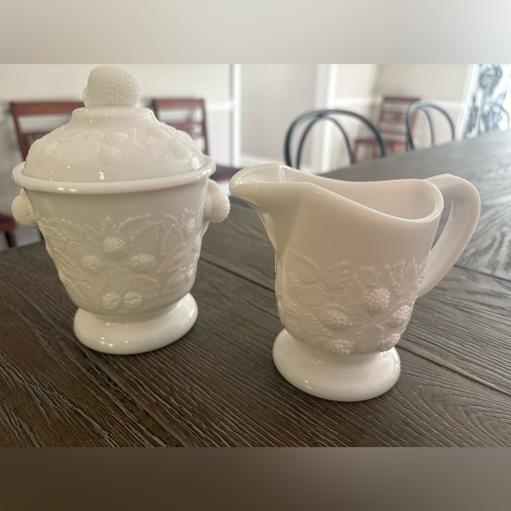 Westmoreland White Milk Glass Sugar and Creamer Set Molded Berries